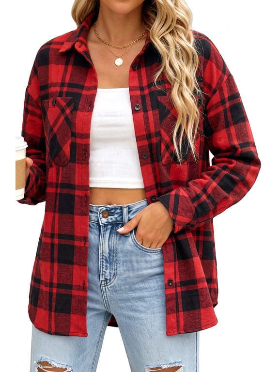 Plaid Shirts for Women Button Down Shirts Casual Loose Fit Long Sleeve Blouse Tops with Pockets