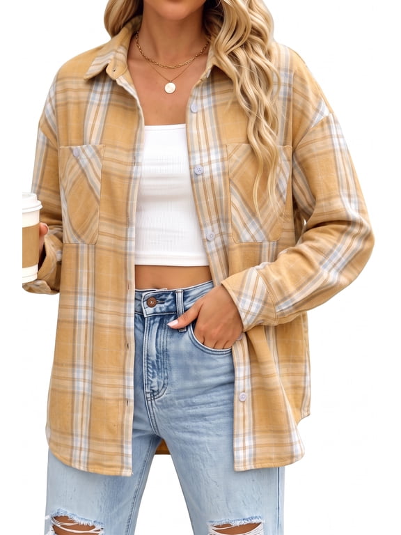 Plaid Shirts for Women Button Down Shirts Casual Loose Fit Long Sleeve Blouse Tops with Pockets
