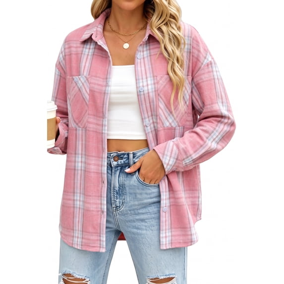 MOYIKO Plaid Shirts for Women Button Down Shirts Casual Loose Fit Long Sleeve Blouse Tops with Pockets