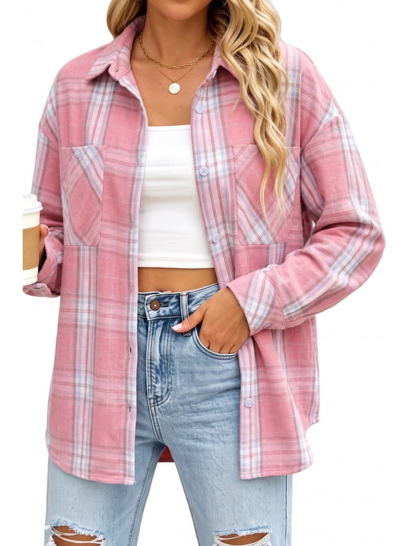 Plaid Shirts for Women Button Down Shirts Casual Loose Fit Long Sleeve Blouse Tops with Pockets