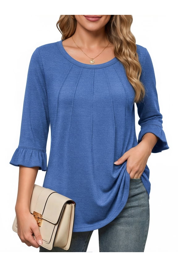 Pleated Blouses for Women 3/4 Length Bell Sleeve T Shirts Dressy Casual Round Neck Summer Tops
