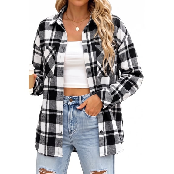 MOYIKO Plus Size Plaid Shirts for Women Button Down Shirts Casual Loose Fit Long Sleeve Blouse Tops with Pockets