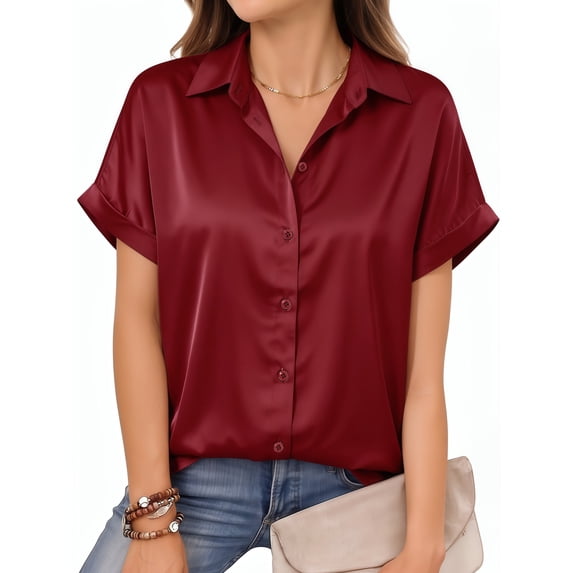 MOYIKO Women's Satin Short Sleeve Button Down Shirts Blouse Collared Dressy Casual Business Work Summer Tops