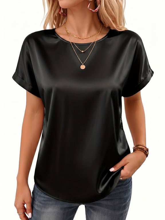 Satin Blouse for Women Short Sleeve Crewneck Silk Shirt Business Casual Outfit Summer Dressy Clothes
