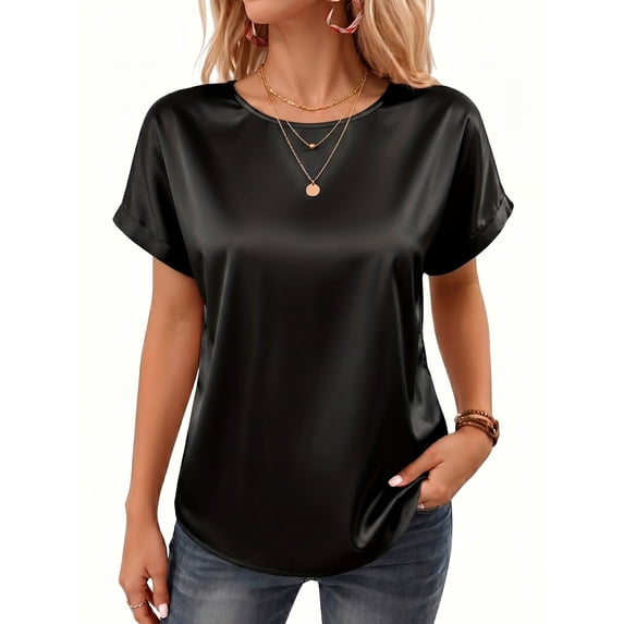 MOYIKO Satin Blouse for Women Short Sleeve Crewneck Silk Shirt Business Casual Outfit Summer Dressy Clothes