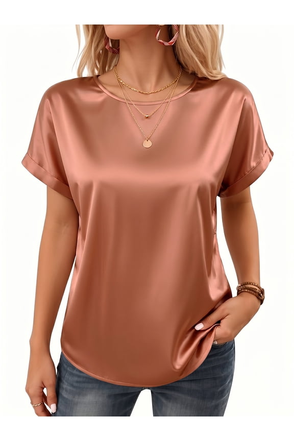Satin Blouse for Women Short Sleeve Crewneck Silk Shirt Business Casual Outfit Summer Dressy Clothes