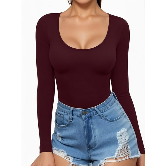MOYIKO Scoop Neck Long Sleeve Shirts for Women Round Neck Fitted T Shirts Womens Tops Tee,Size Large