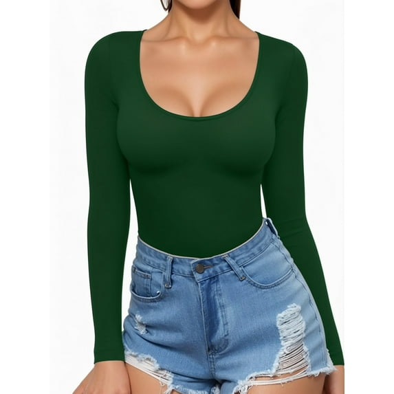 MOYIKO Scoop Neck Long Sleeve Shirts for Women Slim Fitted Tees Basic Tight Tops