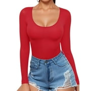 MOYIKO Scoop Neck Long Sleeve Shirts for Women Slim Fitted Tees Basic Tight Tops