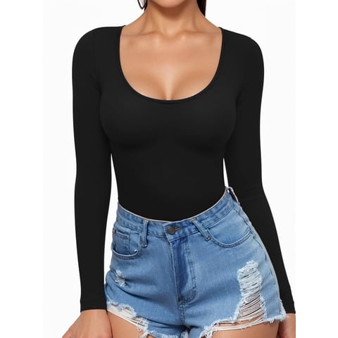 Scoop Neck Long Sleeve Shirts for Women Slim Fitted Tees Basic Tight Tops