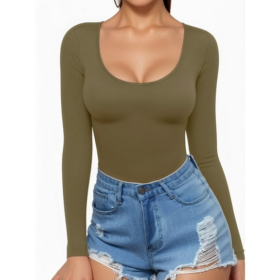 MOYIKO Scoop Neck Long Sleeve Shirts for Women Slim Fitted Tees Basic Tight Tops
