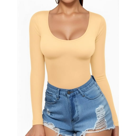 MOYIKO Scoop Neck Long Sleeve Shirts for Women Slim Fitted Tees Basic Tight Tops