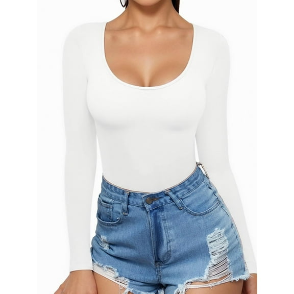 MOYIKO Scoop Neck Long Sleeve Shirts for Women Slim Fitted Tees Basic Tight Tops