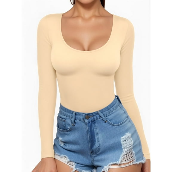 MOYIKO Scoop Neck Long Sleeve Shirts for Women Slim Fitted Tees Basic Tight Tops