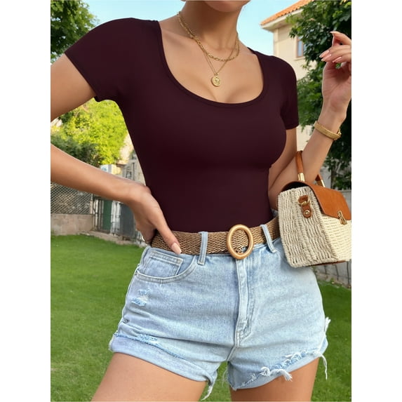 MOYIKO Scoop Neck Short Sleeve Shirts for Women Fitted Tops Tee,Size Large