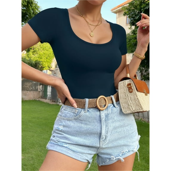 MOYIKO Scoop Neck Short Sleeve Shirts for Women Fitted Tops Tee,Size Large