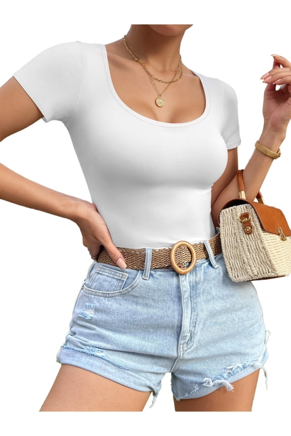 Scoop Neck Short Sleeve Shirts for Women Fitted Tops Tee,Size Small