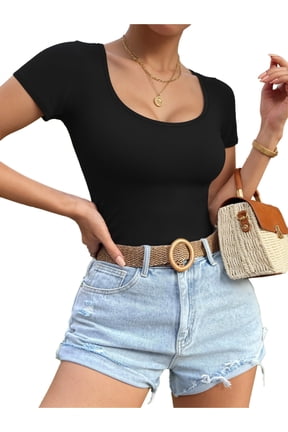 Scoop Neck Short Sleeve Shirts for Women Fitted Tops Tee