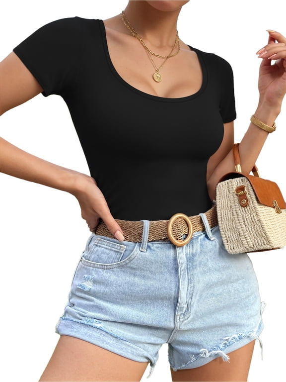 Scoop Neck Short Sleeve Shirts for Women Fitted Tops Tee