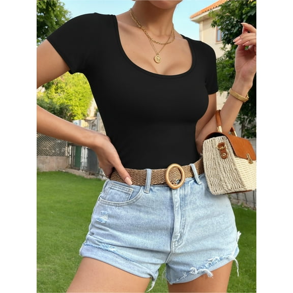 MOYIKO Scoop Neck Short Sleeve Shirts for Women Fitted Tops Tee