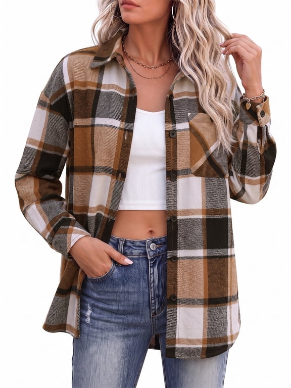 Shackets for Women Plaid Shirts Long Sleeve Button Down Coats with Pocket