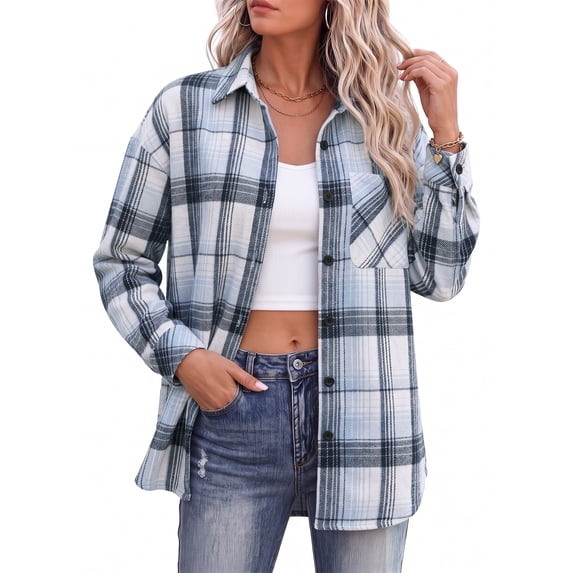 MOYIKO Shackets for Women Plaid Shirts Long Sleeve Button Down Coats with Pocket