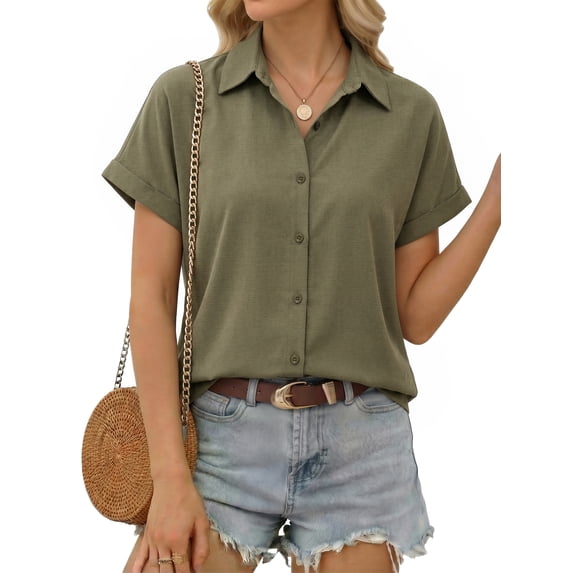 MOYIKO Short Sleeve Summer Tops for Women Casual Button Down Shirts Solid Business Work Blouses