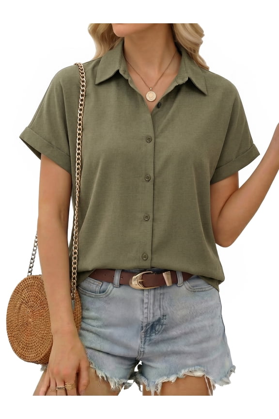 Short Sleeve Summer Tops for Women Casual Button Down Shirts Solid Business Work Blouses