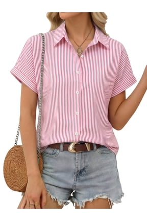 Short Sleeve Summer Tops for Women Casual Button Down Shirts Striped Business Work Blouses
