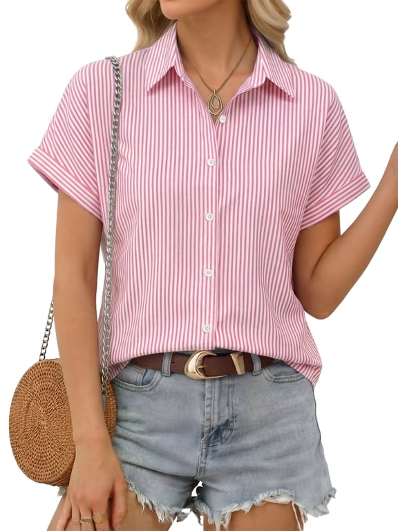 Short Sleeve Summer Tops for Women Casual Button Down Shirts Striped Business Work Blouses