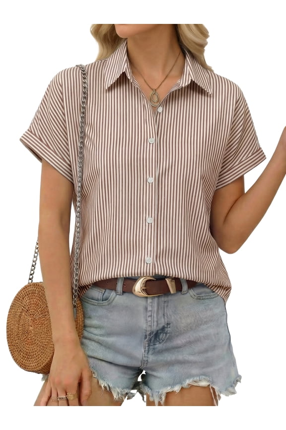 Short Sleeve Summer Tops for Women Casual Button Down Shirts Striped Business Work Blouses