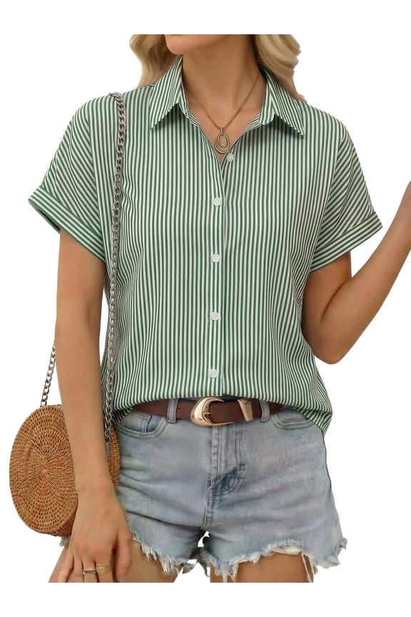 Short Sleeve Summer Tops for Women Casual Button Down Shirts Striped Business Work Blouses