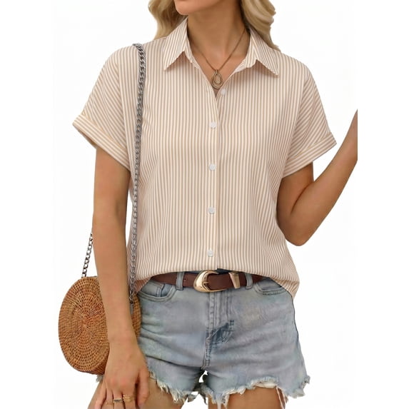 MOYIKO Short Sleeve Summer Tops for Women Casual Button Down Shirts Striped Business Work Blouses