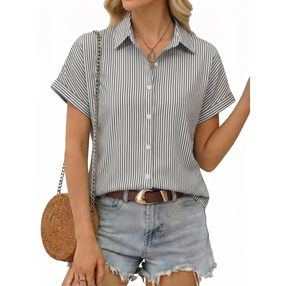MOYIKO Short Sleeve Summer Tops for Women Casual Button Down Shirts Striped Business Work Blouses