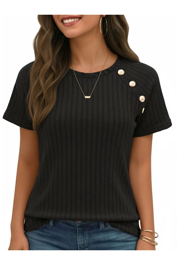 Blouses for Women Short Sleeve Tunic Tops Crew Neck Dressy Casual Summer Black Shirts Loose