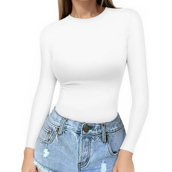 MOYIKO Slim Fitted Long Sleeve Shirts for Women Crewneck Tees Tight Basic Tops