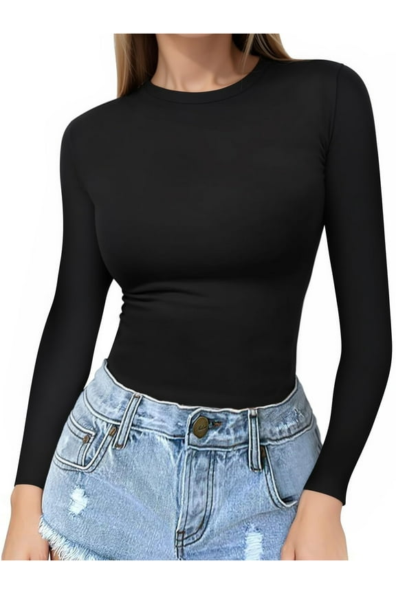 Slim Fitted Long Sleeve Shirts for Women Crewneck Tees Tight Basic Tops