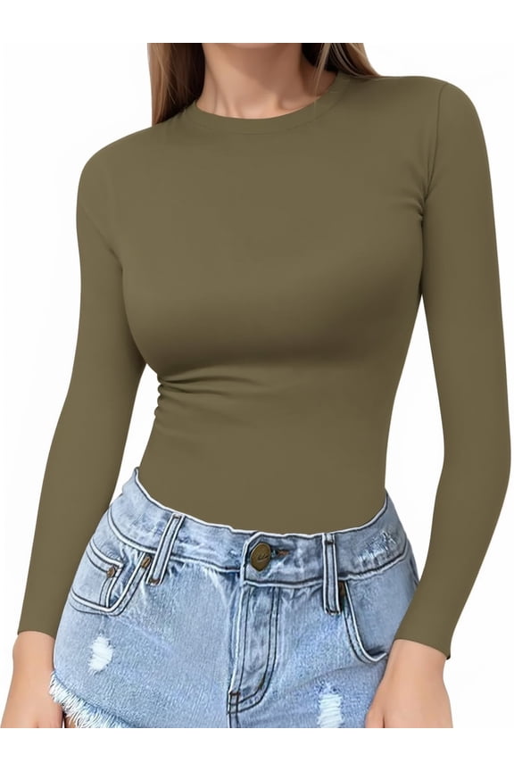 Slim Fitted Long Sleeve Shirts for Women Crewneck Tees Tight Basic Tops