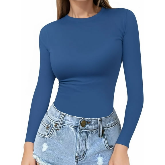 MOYIKO Slim Fitted Long Sleeve Shirts for Women Crewneck Tees Tight Basic Tops