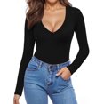 thumbnail image 1 of MOYIKO Slim Fitted Long Sleeve Shirts for Women Lace V Neck Tops Tight Fall Outfits Basic Tees, 1 of 1