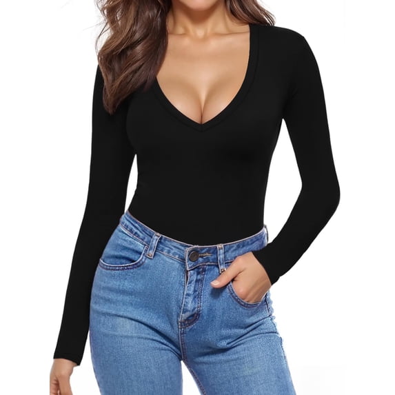 MOYIKO Slim Fitted Long Sleeve Shirts for Women Lace V Neck Tops Tight Fall Outfits Basic Tees