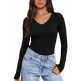 thumbnail image 1 of MOYIKO Slim Fitted Long Sleeve Shirts for Women Lace V Neck Tops Tight Fall Outfits Basic Tees, 1 of 7