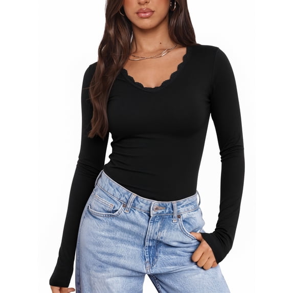 MOYIKO Slim Fitted Long Sleeve Shirts for Women Lace V Neck Tops Tight Fall Outfits Basic Tees