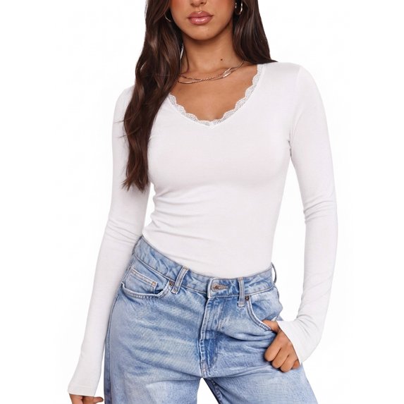MOYIKO Slim Fitted Long Sleeve Shirts for Women Lace V Neck Tops Tight Fall Outfits Basic Tees