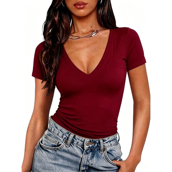 MOYIKO Slim Fitted T Shirts for Women Deep V Neck Short Sleeve Tees Elegant Summer Tops