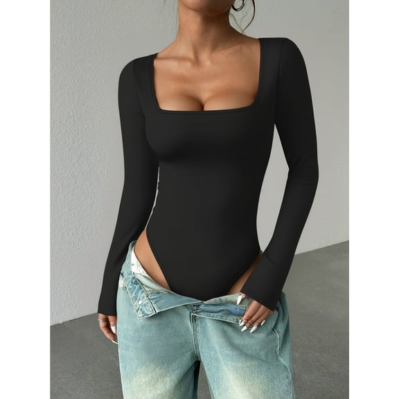 MOYIKO Square Neck Tops for Women Long Sleeve Body Suits Womens Fitted Tight Tops