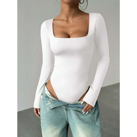 MOYIKO Square Neck Long Sleeve Body Suits for Womens Fitted Tops,Size S-XXL