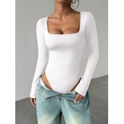 MOYIKO Square Neck Long Sleeve Body Suits for Womens Fitted Tops,Size XX-Large