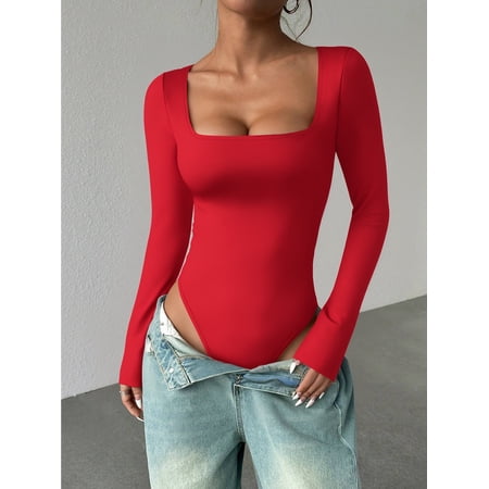 MOYIKO Square Neck Long Sleeve Body Suits for Womens Fitted Tops,Size XX-Large