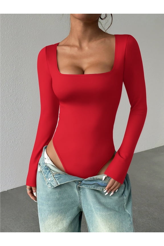 Square Neck Tops for Women Long Sleeve Body Suits Womens Fitted Tight Tops